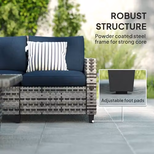 Outsunny 6 Piece Rattan Garden Furniture Set with 5 Seater Upholstered Seating and Coffee Table in Blue – 5