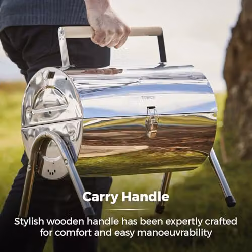 Tower Portable Barrel Charcoal Tabletop Grill in Silver and Black with Stainless Steel and Wooden Carry Handle, W/D/H: 41.5 x 24.5 x 35.0 cm – 3