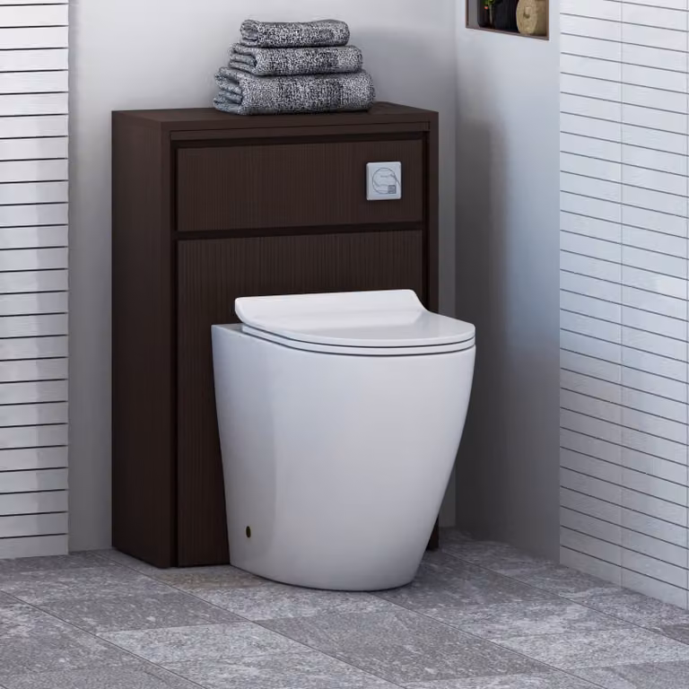 Livora BTW WC Unit in Walnut Woodgrain with Elva Rimless Short Projection Ceramic Toilet Pan, Slim Soft Close Seat and Cistern, White and Brown