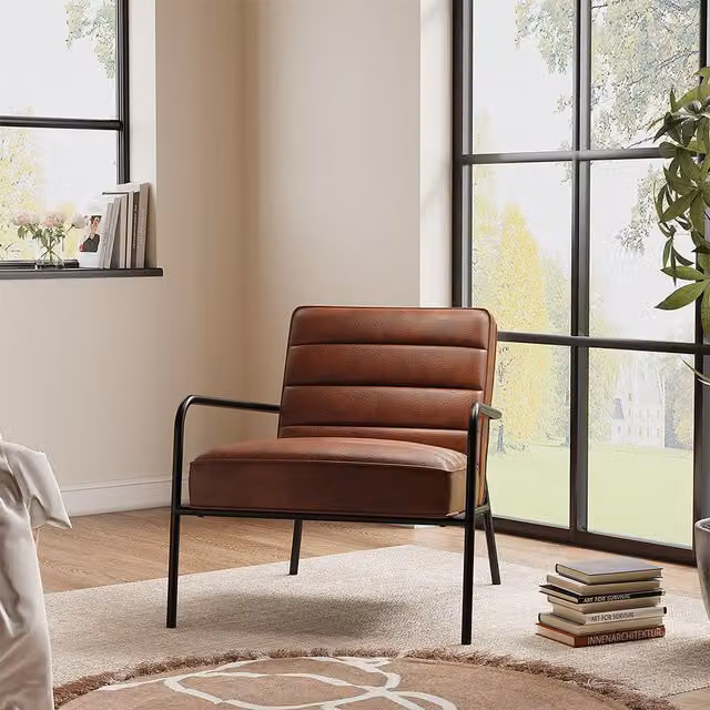 Livingandhome Brown Faux Leather Armchair with Metal Frame