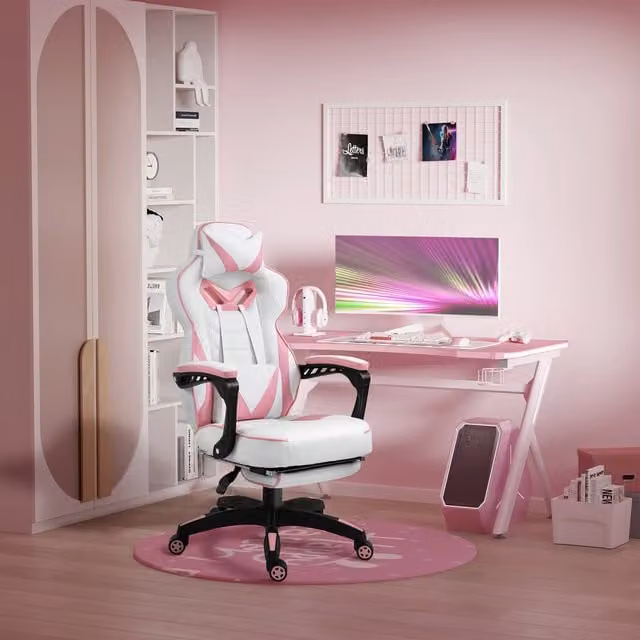 Vinsetto Ergonomic Pink and White Synthetic Leather Gaming Chair with Headrest and 360 Degree Swivel
