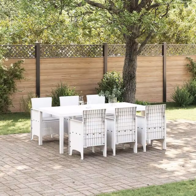 Berkfield Home 7 Piece White Poly Rattan Garden Dining Set with Cushions – 1