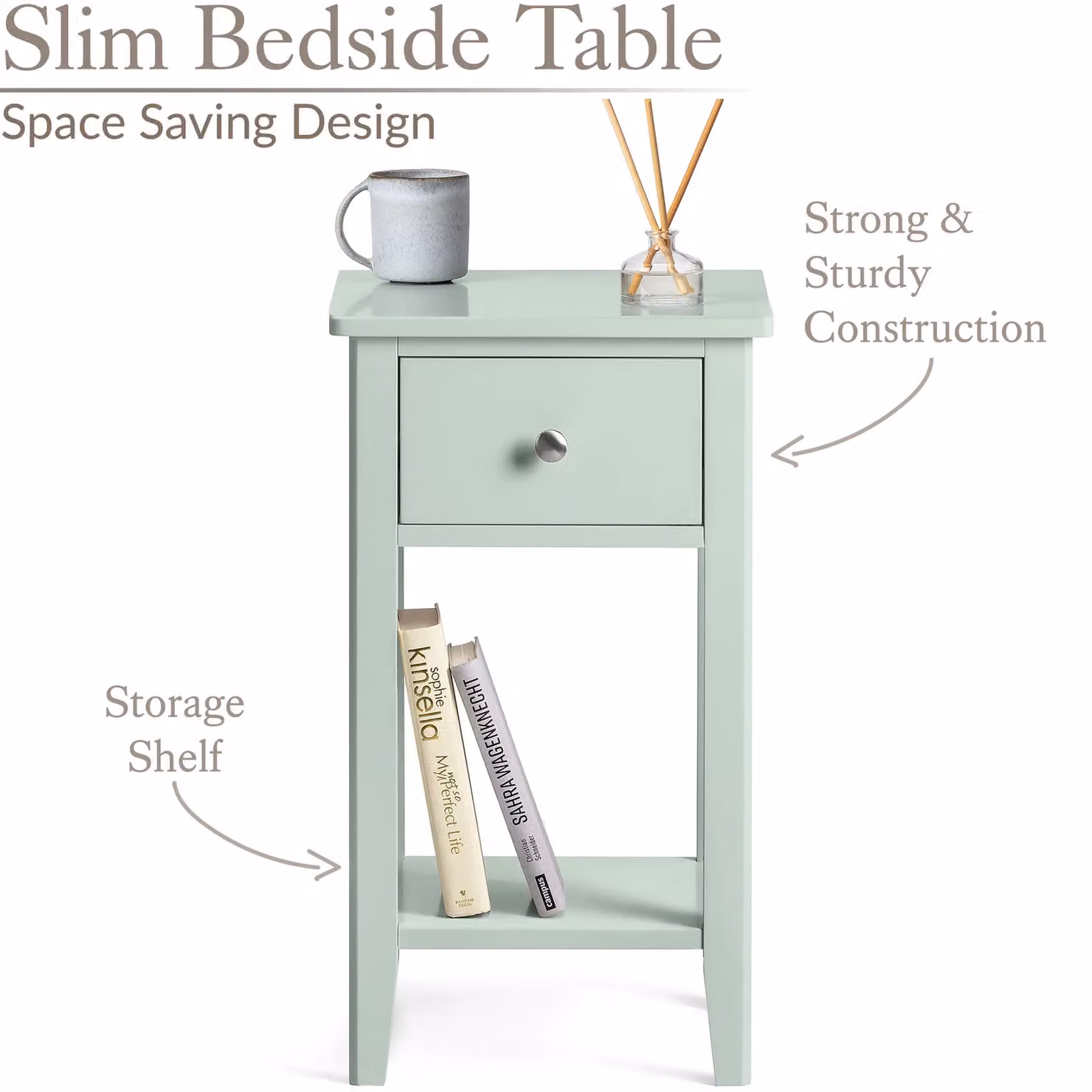Christow Sage Bedside Table Slim Bedroom Nightstand Cabinet with 1 Drawer and Storage Shelf in Light Green, W/D/H: 40 x 32 x 57 cm – 2