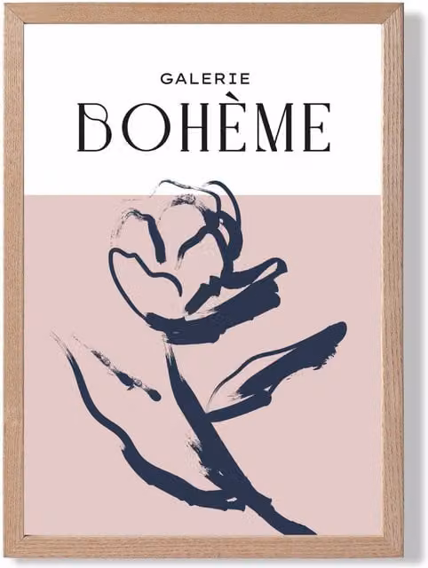 ARTZE Blush and Navy Blue Rose Boho Sketch Floral Framed Print with Oak Frame, A3