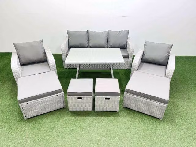 Fimous 9-Seater Patio Rectangular Table, Sofa Set and 4 Stools in Light Grey