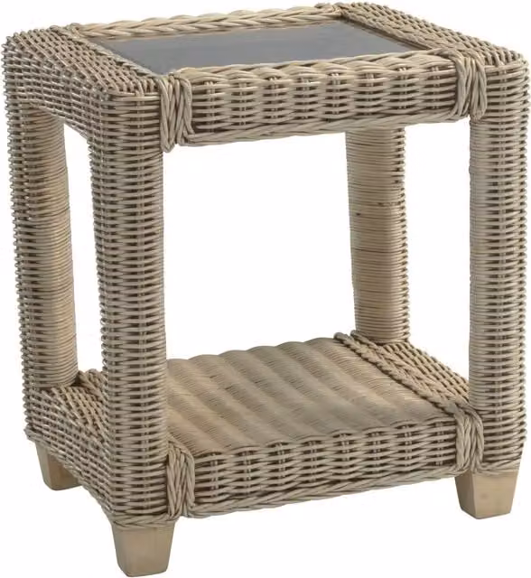 Desser Burford Cane Side Table in Natural Wash and Ivory with Rattan and Glass Top
