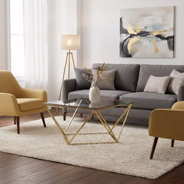 Orsina Geometric Gold Finish Twist End Table with Glass Top, W/D/H: 40 x 45 x 80 cm