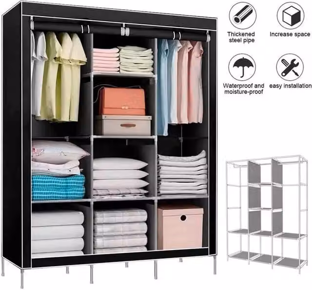 FORGEVIO Black Fabric Canvas Wardrobe with Sliding Doors and Hanging Rod – 1