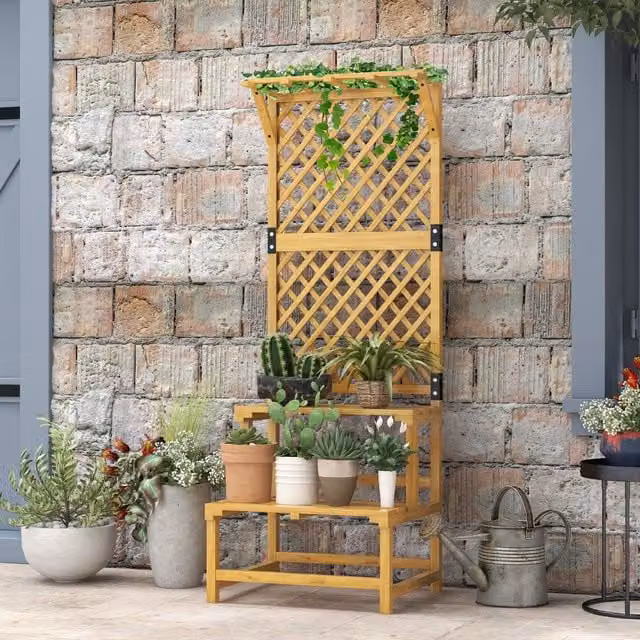 Outsunny Yellow Wooden Plant Stand with Trellis for Climbing Plants