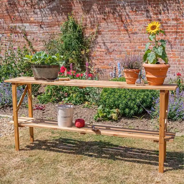 Primrose Two Tier Easy Store Greenhouse Staging in Brown Wood, W/D/H: 183 x 77 x 35 cm