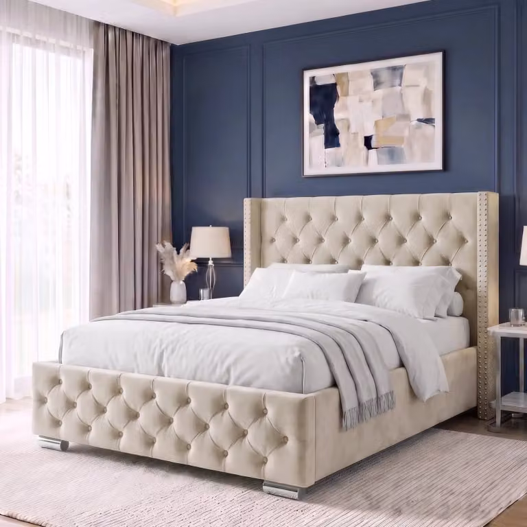 DHS Cross Pattern Velvet Ottoman Storage Bed with Winged Frame in Beige, Double (140 x 200 cm)