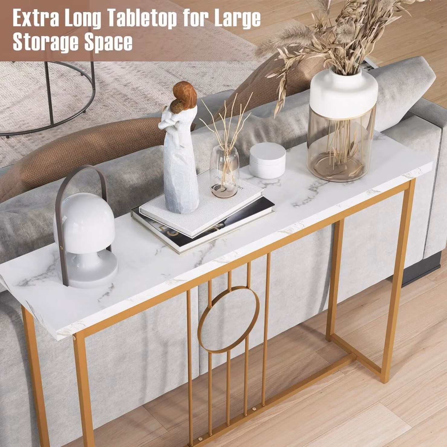 Costway Narrow Faux Marble Console Table with Gold Metal Frame, White and Gold – 2