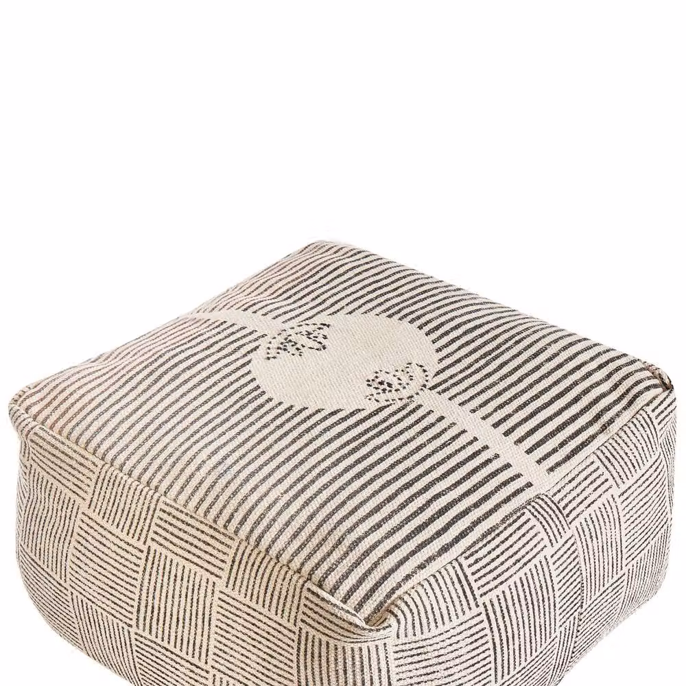 Wyld and Coco Grey Cotton Geometric Block-Print Rectangular Pouffe, W/D/H: 45 x 45 x 25 cm – 2