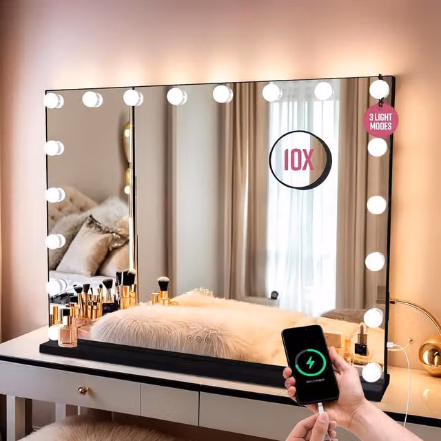 GloBrite 18 LED Hollywood Dressing Table Mirror in Black with Dimmable and Adjustable Touch Control