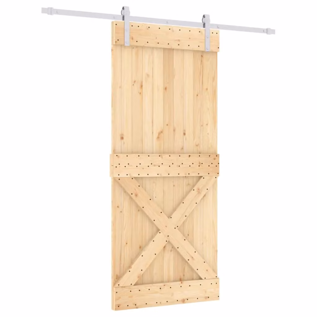 Berkfield Home Rustic Solid Wood Pine Sliding Door with Hardware Set, Brown, W: 90 cm, H: 210 cm
