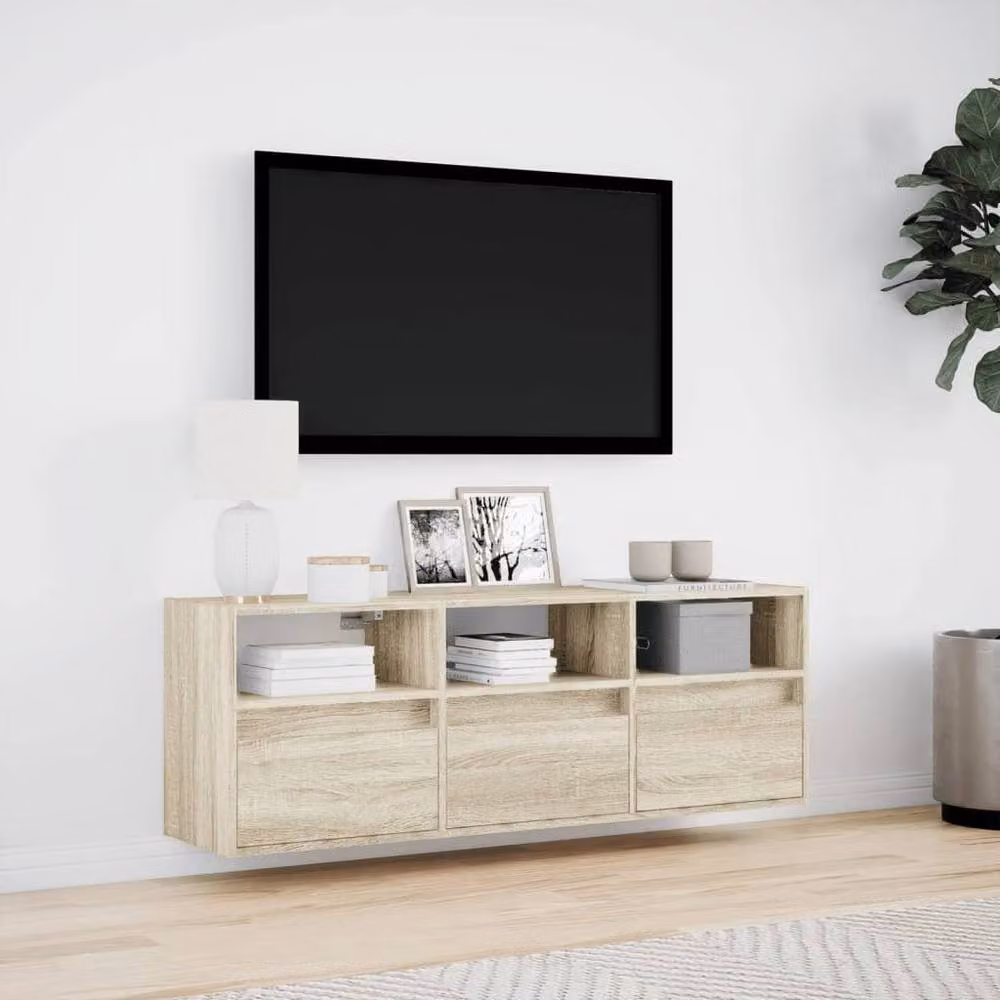 Berkfield Home TV Wall Cabinet with LED Lights in Sonoma Oak and Light Brown, W/D/H: 130 x 31 x 45 cm – 3