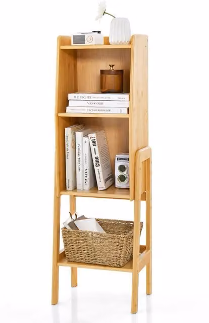 COSTWAY Brown Bamboo Ladder Freestanding Storage Shelving Unit and Bookcase