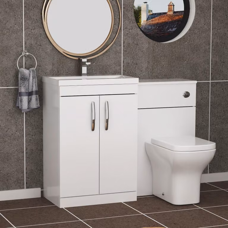 Royal Bathrooms Turin Gloss White 2-Door Mid-Edge Basin and Qubix Back to Wall Toilet Pack, Width: 130 cm