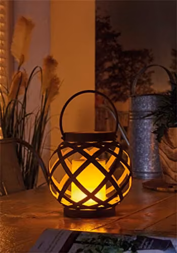 Luxform Solar Metal Rattan Effect Table Lantern in Brown, H 25.0 cm x W 22.0 cm x D 22.0 cm – 1