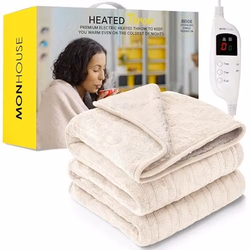 MONHOUSE Heated Electric Fleece Throw in Beige, W/D/H: 130 x 160 cm – 1