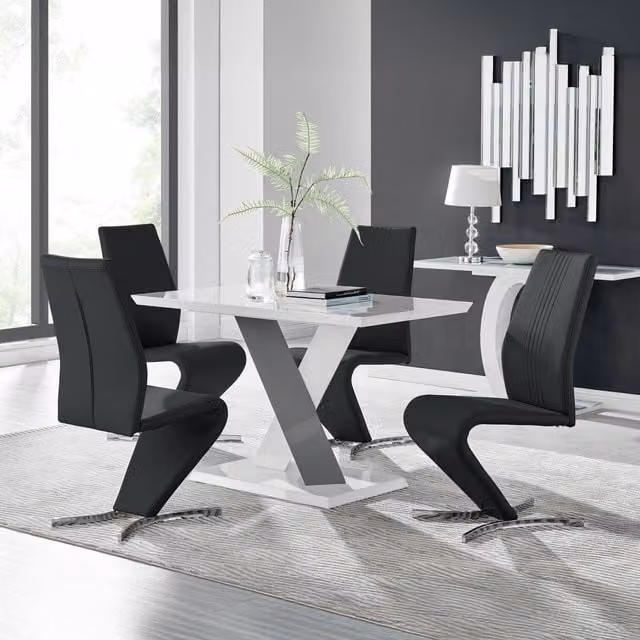 Furniturebox Monza White High Gloss Rectangular Dining Table with 4 Black Willow Chairs