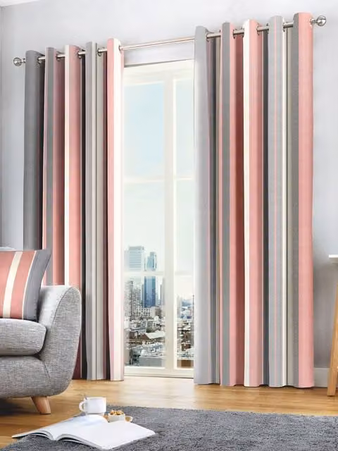 Fusion Whitworth Stripe Fully Lined 100% Cotton Eyelet Curtains in Pink, Width: 168 cm, Drop: 137 cm