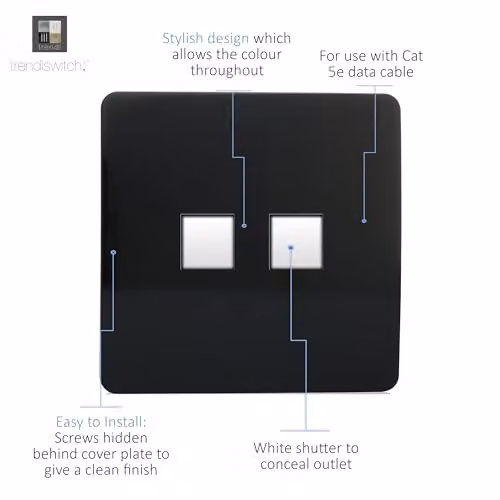 Trendi Switch 2 Gang RJ45 Cat 5e Ethernet and Telephone Secondary Sockets in Piano Black – 3