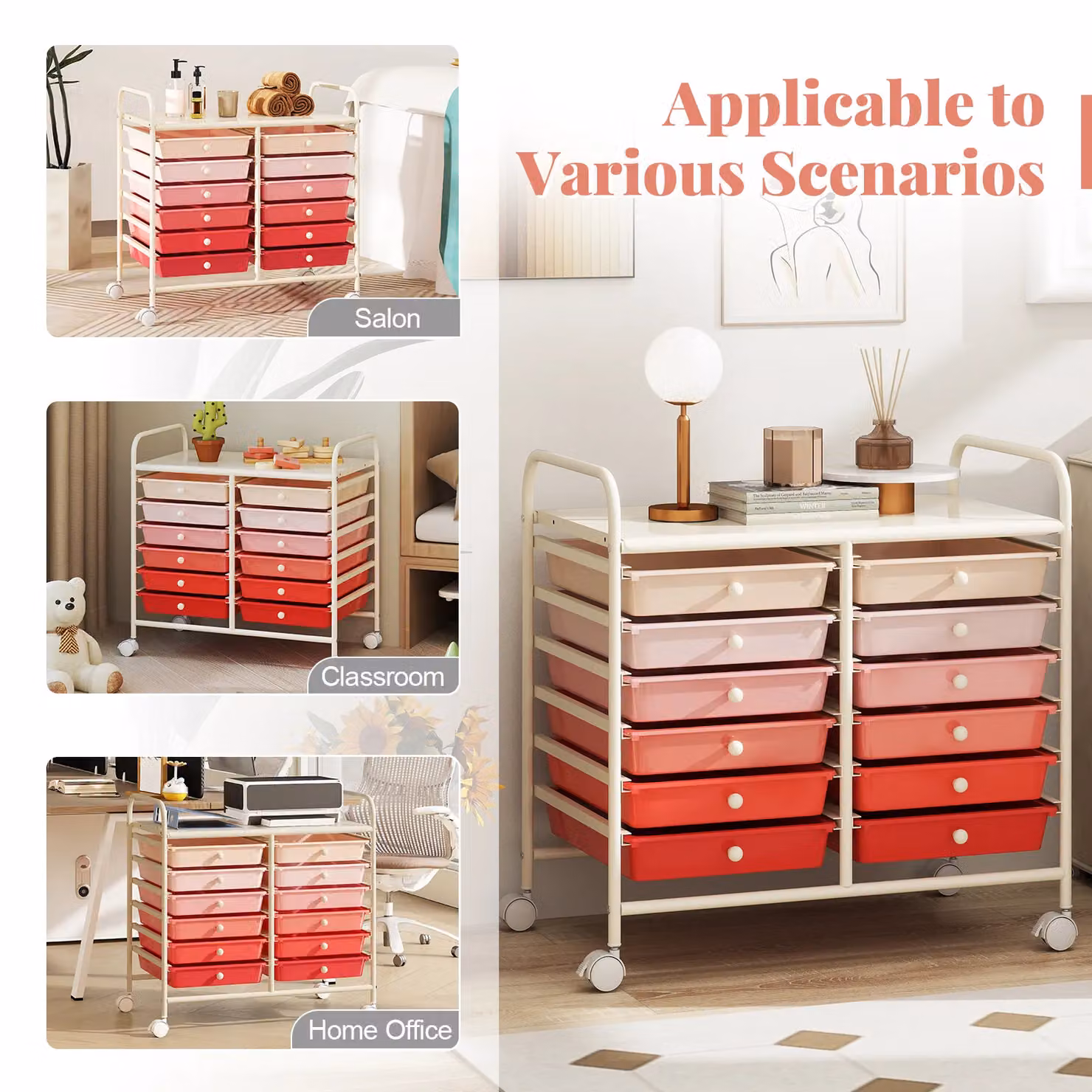 Gymax 12-Drawer Multi-Purpose Utility Rolling Storage Cart with Handles in Pink – 6