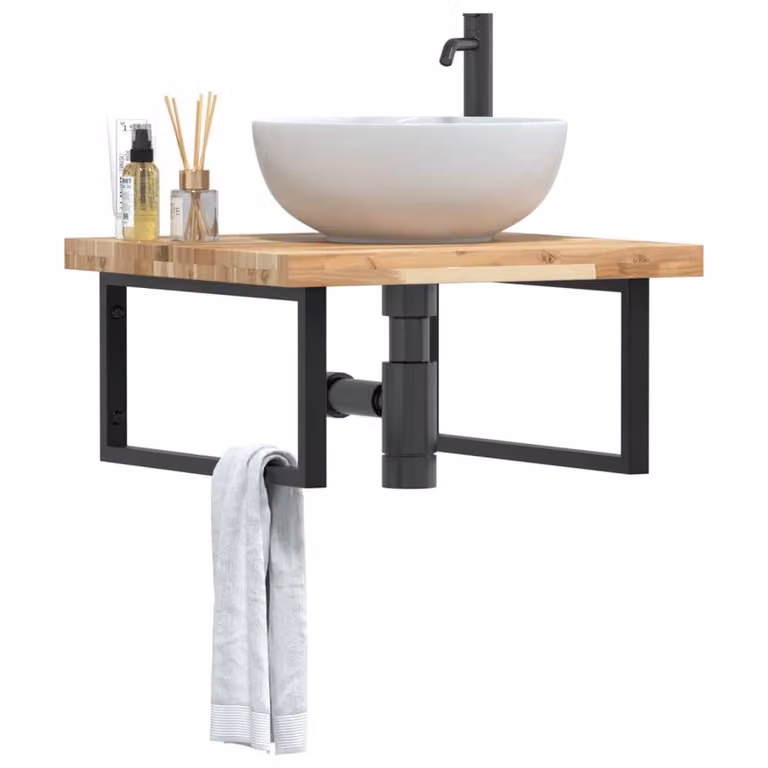 Berkfield Home Wall Mounted Basin Shelf in Brown Steel and Solid Acacia Wood