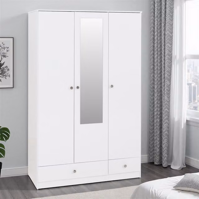 Seconique Denver 3 Door 2 Drawer Mirrored Wardrobe in White Gloss