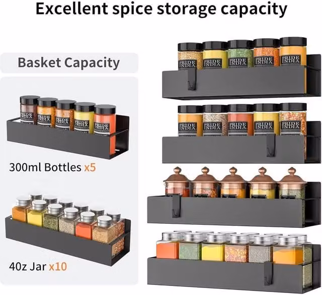 KORVIXA 4 Piece Magnetic Spice Rack for Refrigerator, Black