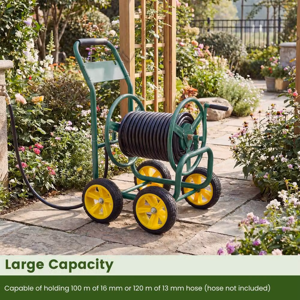Costway Green Metal 4-Wheel Garden Hose Reel Cart and Water Hose Organiser – 3