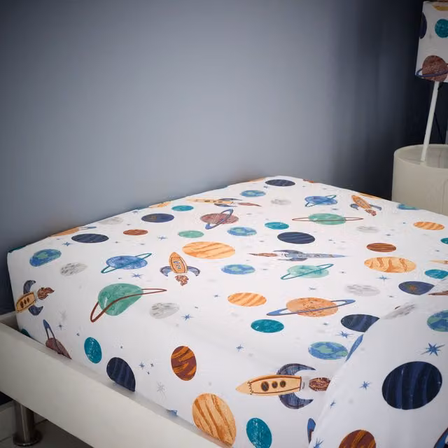Happy Linen Company Cosmic Planets Fitted Sheet in White and Multicolour, W/D: 70 x 140 cm