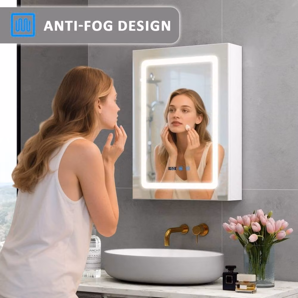 FORGEVIO Modern White Wall-Mounted LED Bathroom Mirror Cabinet with Shaver Socket and Glass Doors – 3