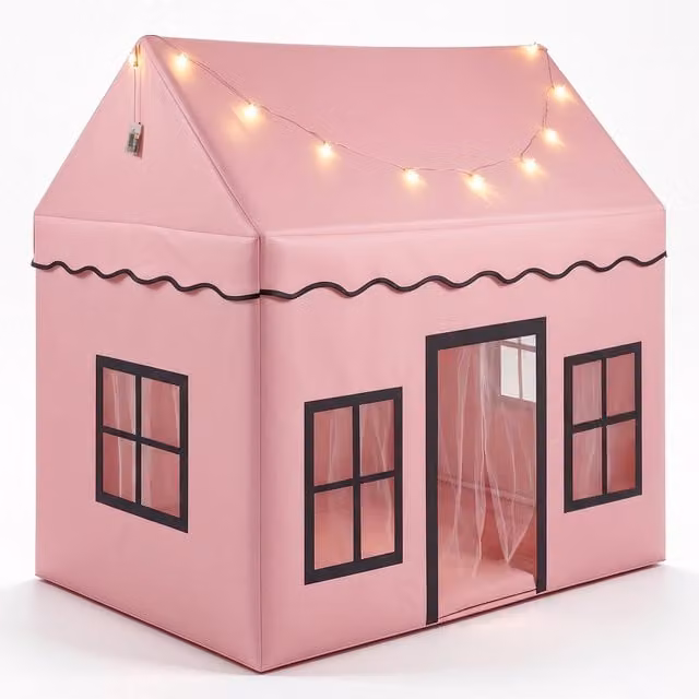 Costway Indoor Outdoor Tent Playhouse with Soft Cushion Mat and Multiple Windows, Beige and Pink