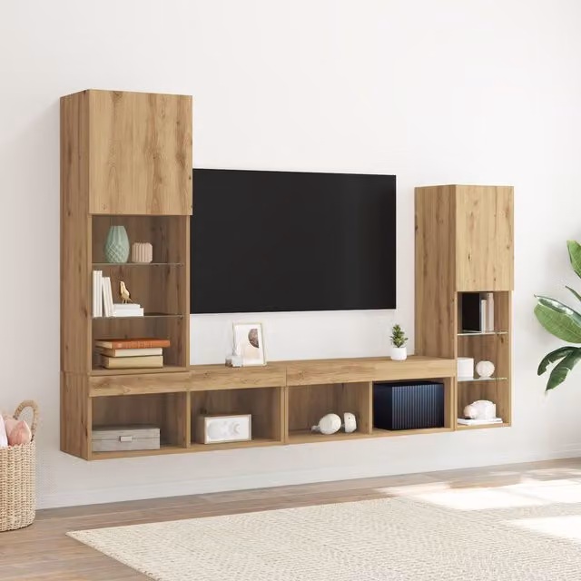 Berkfield Home Artisan Oak TV Cabinet with Integrated LED Lights in Brown, W/D/H: 40.5 x 30 x 102 cm – 1
