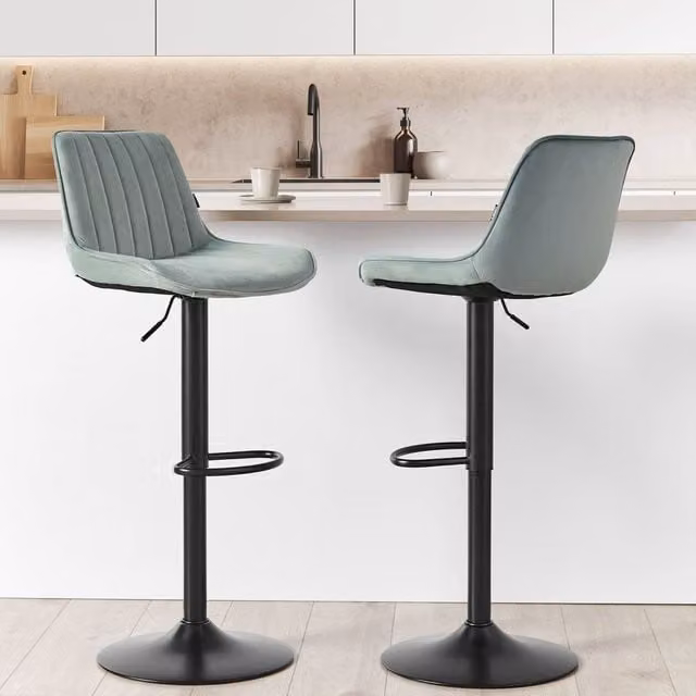 Wyld and Coco Mint Green Velvet Bar Stool Set of 2, Height Adjustable and Swivel – 1