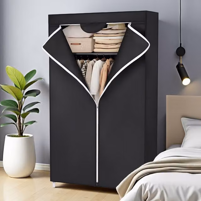 SONGMICS Fabric Wardrobe with Hanging Rail, Black, W/D/H: 75 x 45 x 160 cm