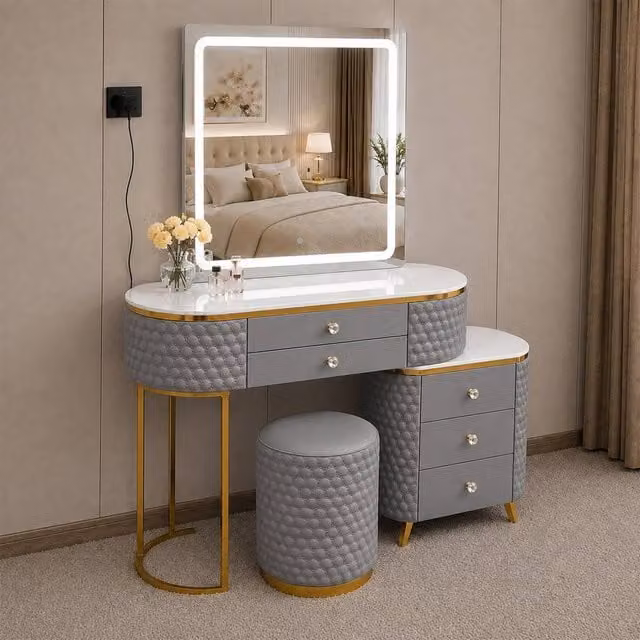 Sliding Wardrobes 4U Modern Grey Dressing Table with LED Mirror, Stool and Storage Cabinet, Width: 130 cm