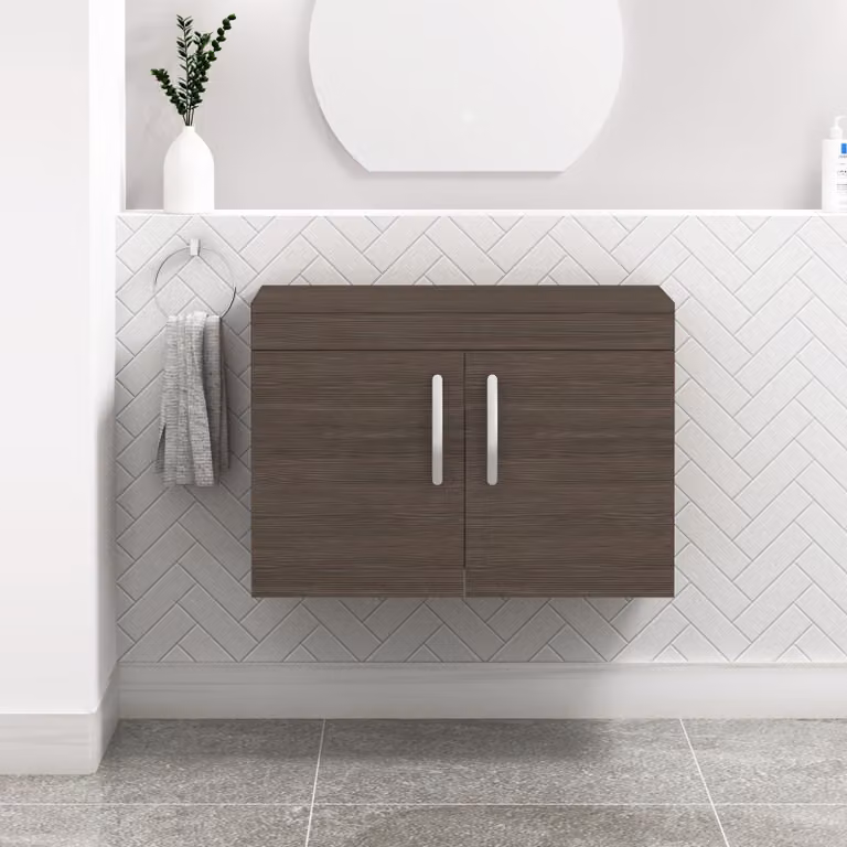 Royal Bathrooms Turin Wall Hung Grey Elm Worktop Vanity Unit with 2 Soft Close Doors