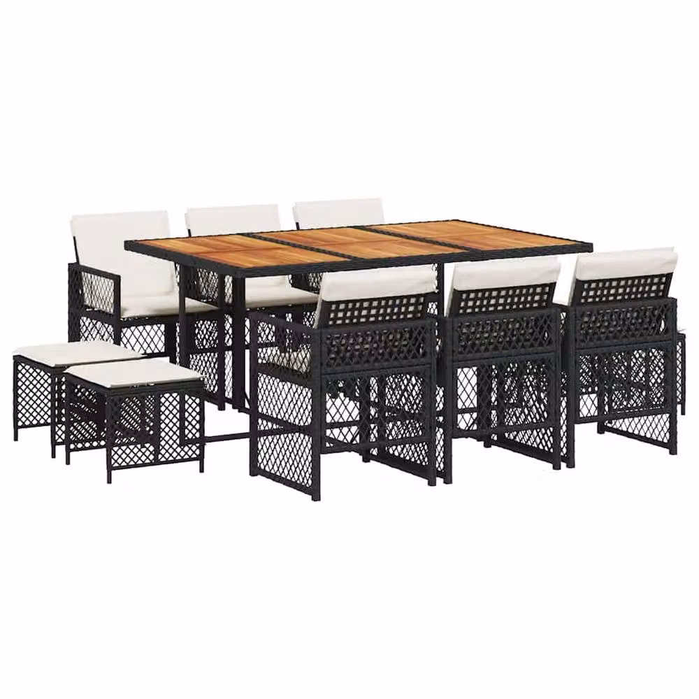 Berkfield Home 11 Piece Black Poly Rattan Garden Dining Set with Acacia Wood Table and Cushions – 2