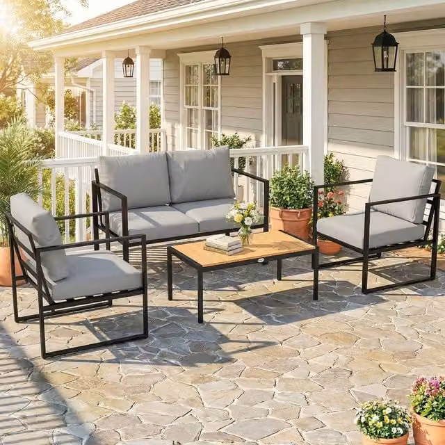 OUTSUNNY 4 Piece Modern Outdoor Garden Furniture Set in Grey with Upholstered Cushions and Metal Frame – 1