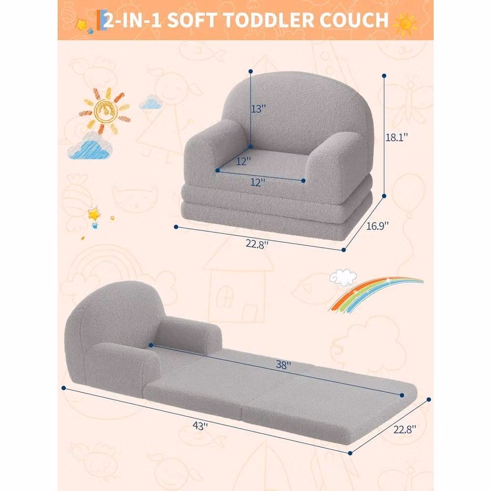 VOGREX 2-in-1 Folding Kids Couch and Toddler Sofa Bed in Grey with Soft Sherpa Fabric – 2