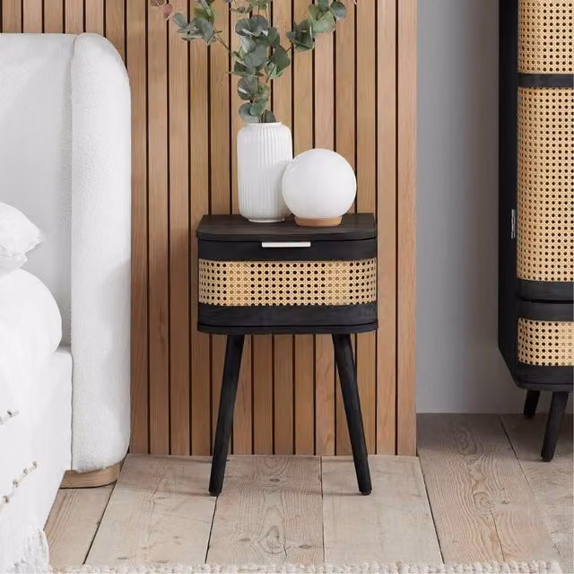 Birlea Modern Black Rattan and Wood Bedside Cabinet