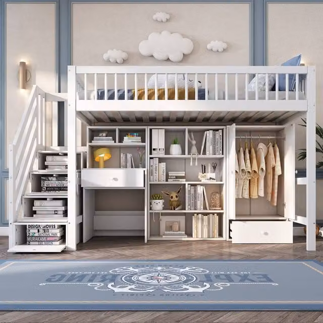 Merax White Solid Pine High Sleeper Bed for Children with Wardrobe, Desk and Storage Steps, W/D/H: 190 x 90 x 150 cm – 1