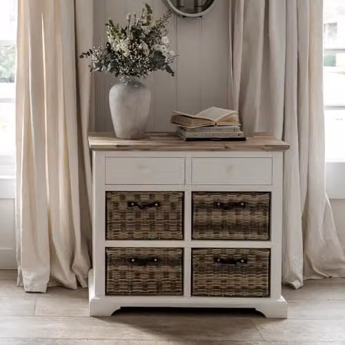 Florence White Sideboard with 2 Drawers, 4 Removable Storage Baskets and Acacia Wood Top, W/D/H: 96 x 42 x 85 cm – 2