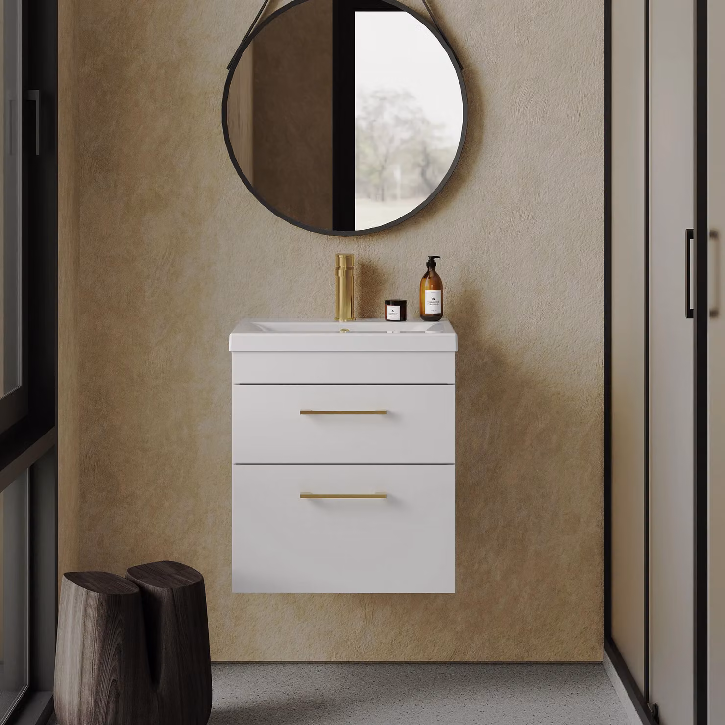 Balterley White Glossy 2 Drawer Wall Hung Vanity Basin Unit with Brushed Brass Handles W: 500 mm – 2