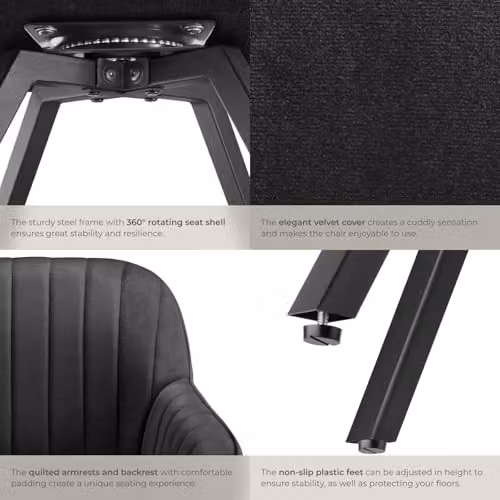 tectake Black Velvet Swivel Armchair with Metal Frame and Foam Padding – 7