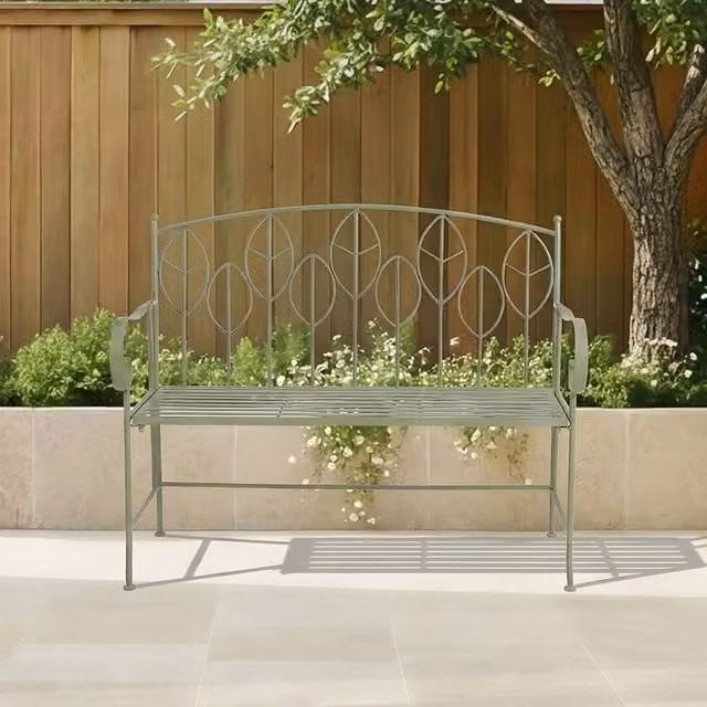 Charles Bentley Rustic Metal Garden Bench with Floral Leaf Design in Sage Green, W: 106 cm, H: 92.5 cm, D: 55 cm