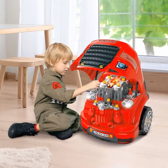 HOMCOM Kids Truck Engine Toy Set Educational Car Service Station Playset in Red